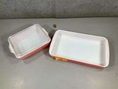 (2): PYREX PINK REF CASSEROLE W/ LID, PINK RECTANGLE CASSEROLE DISH