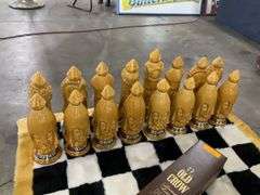 36-PIECE COMPLETE 1960 "OLD CROW' CHESS SET W/ ORIGINAL RUG BOARD - A;; BOXES AND CASES