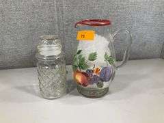 (2): PEANUT CANDY JAR, FRUIT DESIGN TEA OR LEMONADE PITCHER