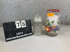 (2): PEANUT CANDY JAR, FRUIT DESIGN TEA OR LEMONADE PITCHER