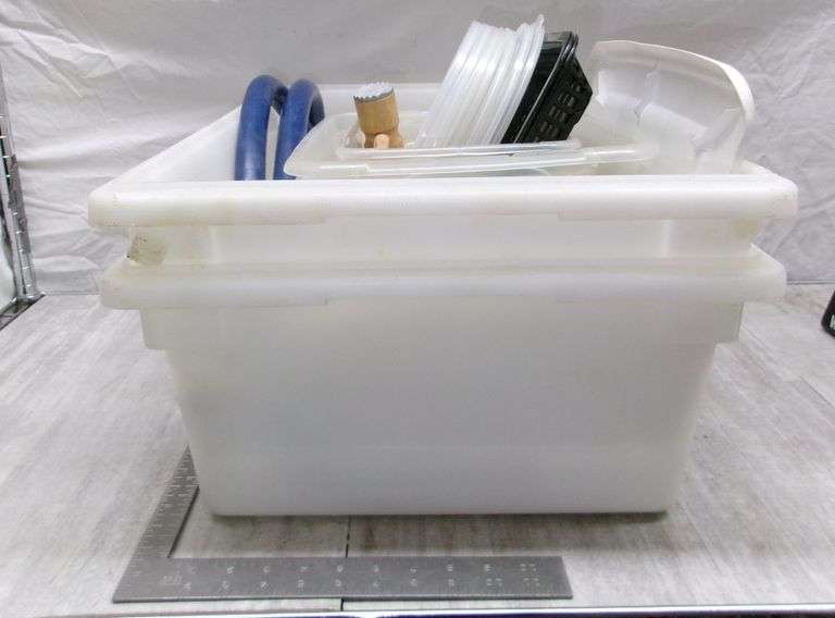 PLASTIC TOTE W/ MISC. KITCHEN ITEMS
