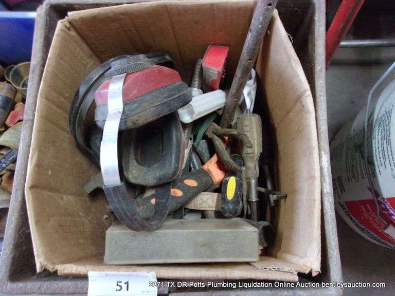 MILK CRATE: SCREWDRIVERS, HEARING PROTECTION, WRENCHES, PLIERS