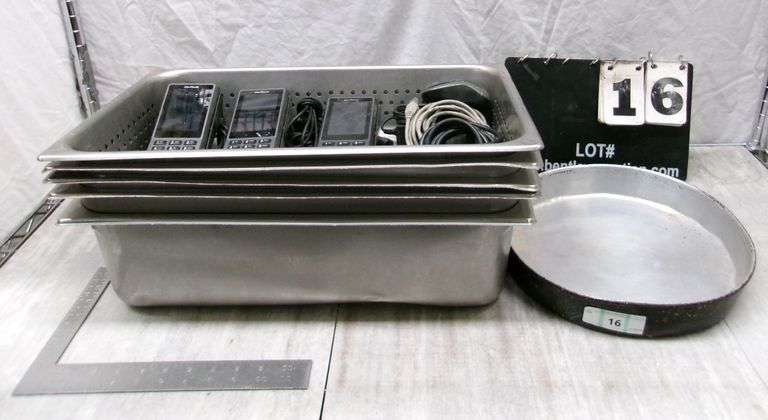 5-STAINLESS STEEL FOOD PANS, ROUND STAINLESS STEEL PAN, 3-VERIFONE P400 W/ WIRES