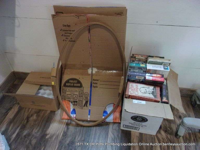 BOX: VARIOUS VHS TAPES & LARGE EMBROIDERY HOOP