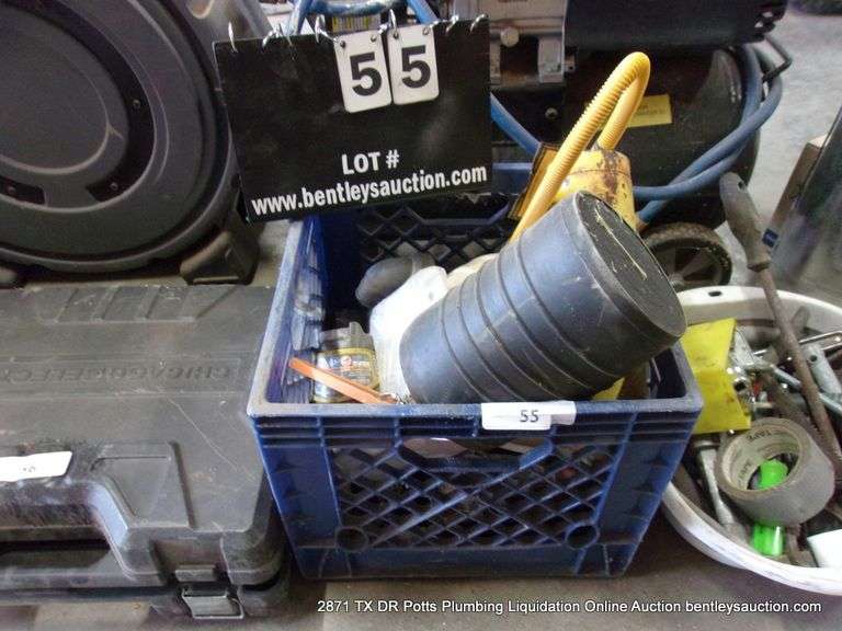 MILK CRATE: HARD HAT, 6" TEST PLUG, GAS HOSE FLEX, RYOBI FLASHLIGHT, ETC