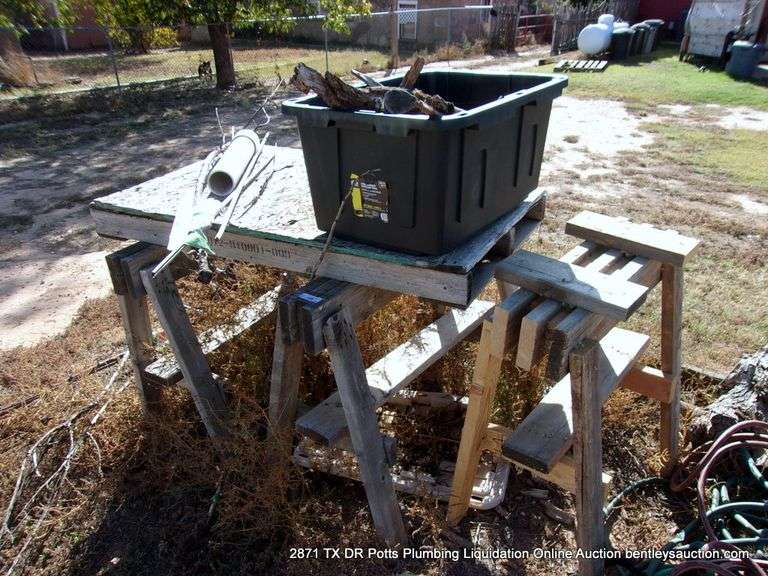 LOT (3): WOOD SAWHORSES, POLY TOTE OF WOOD, PALLET