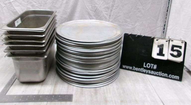 6-STAINLESS STEEL FOOD PANS, STACK OF 42 PIZZA PANS