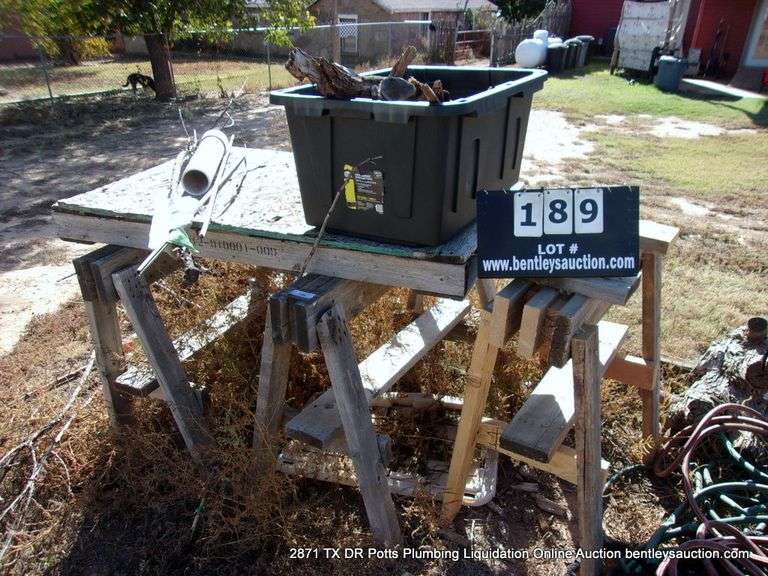 LOT (3): WOOD SAWHORSES, POLY TOTE OF WOOD, PALLET