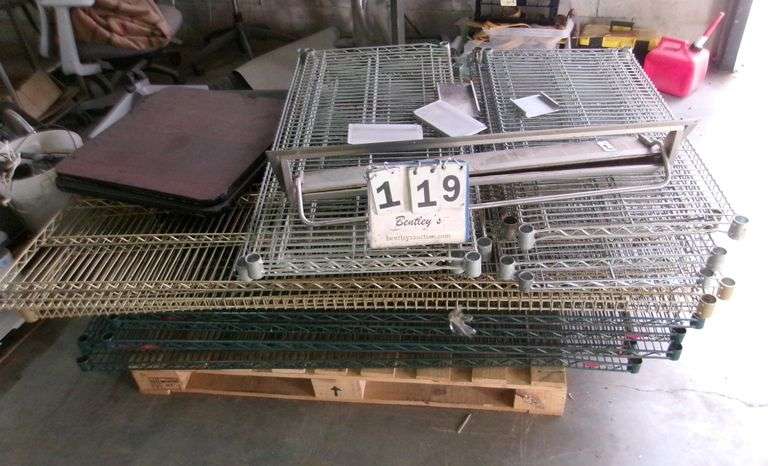 PALLET: SHELVES, 4 TABLE TOPS, MISC. ITEMS