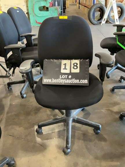 BLACK CREPE FABRIC SEAT W/ ADJUSTABLE ARMS, GAS LIFT HEIGHT & SEAT BACK