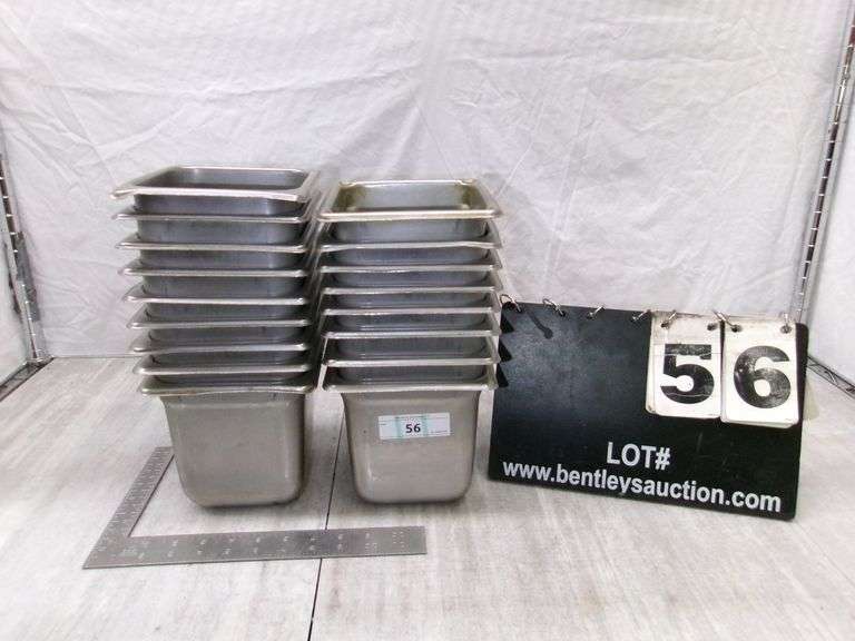 STACK OF SMALL STAINLESS STEEL PANS, 17 QTY