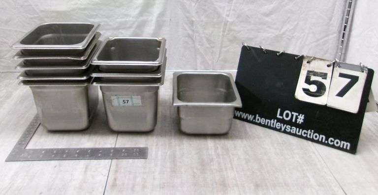 STACK OF SMALL STAINLESS STEEL PANS, 9 QTY