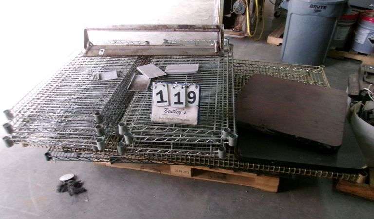 PALLET: SHELVES, 4 TABLE TOPS, MISC. ITEMS