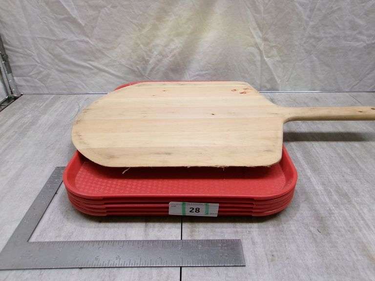 STACK OF 5 RED TRAYS, JASON'S CREEK PIZZA OVEN PAN