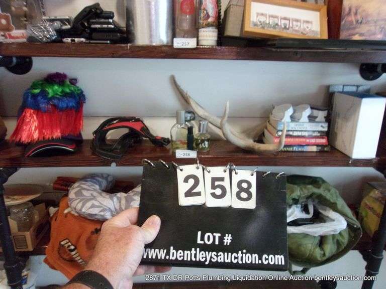 CONTENTS OF SHELF: HATS, COLOGNE, BOOKS, HORN, DOG HARNESS, I-ZOOM