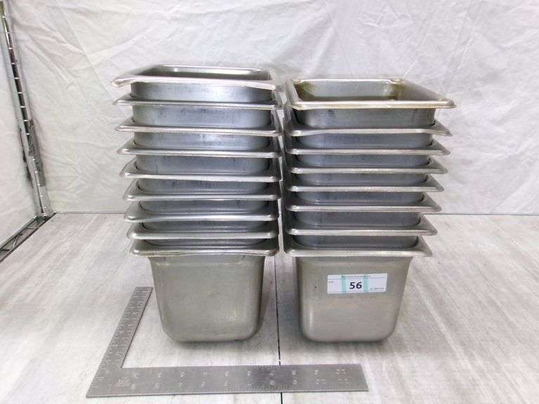 STACK OF SMALL STAINLESS STEEL PANS, 17 QTY