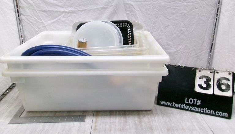 PLASTIC TOTE W/ MISC. KITCHEN ITEMS