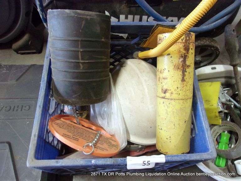 MILK CRATE: HARD HAT, 6" TEST PLUG, GAS HOSE FLEX, RYOBI FLASHLIGHT, ETC