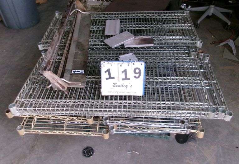 PALLET: SHELVES, 4 TABLE TOPS, MISC. ITEMS