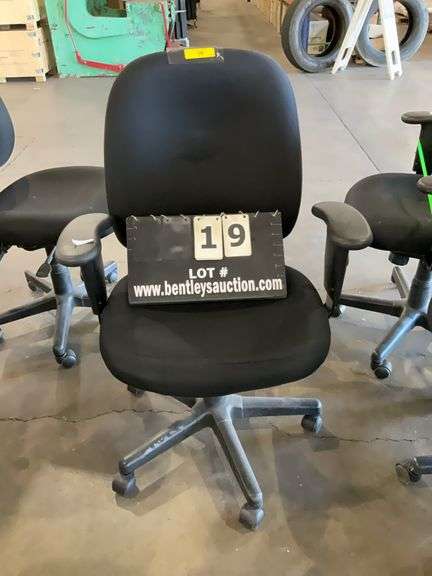 BLACK CREPE FABRIC SEAT W/ ADJUSTABLE ARMS, GAS LIFT HEIGHT & SEAT BACK