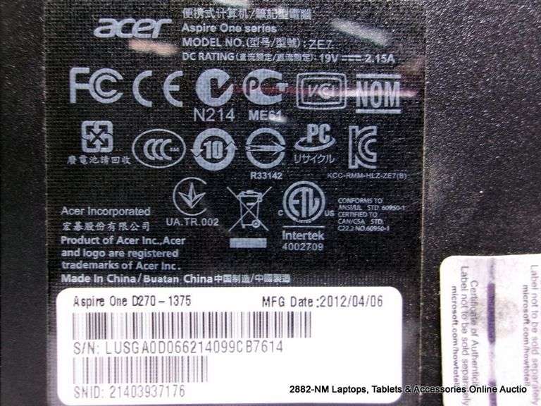 ACER ASPIRE ONE INTEL ATOM WINDOWS 7 STARTER - NO POWER CORD