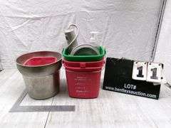 SILVER BUCKET, (5) SMALL WATER BUCKETS, BAG W/ ASSORTED BAGS