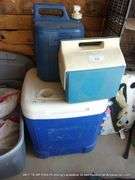 LOT: (2) COOLERS, (1) LIQUID CONTAINER - COLEMAN