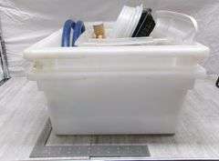 PLASTIC TOTE W/ MISC. KITCHEN ITEMS
