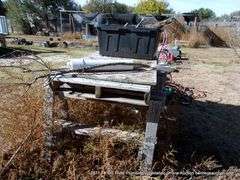 LOT (3): WOOD SAWHORSES, POLY TOTE OF WOOD, PALLET