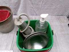 SILVER BUCKET, (5) SMALL WATER BUCKETS, BAG W/ ASSORTED BAGS