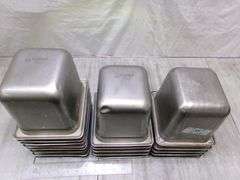 STACK OF STAINLESS STEEL SMALL FOOD PANS, 19 QTY
