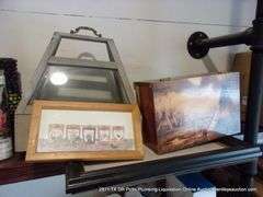 CONTENTS OF SHELF: BAGS, OLD PHONES, WONDER WOMAN FUNKO POP, CANDLES, PICTURE FRAMES