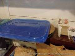 CONTENTS OF SHELVES: TUPPERWARE LIDS, GULF WAX, STICKERS, HAND DÉCOR, GLASS JARS, HEAT BATH