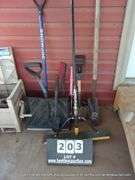 LOT: BROOM, SNOW SHOVEL, ICE SCRAPERS, GARDEN SHOVELS