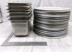 6-STAINLESS STEEL FOOD PANS, STACK OF 42 PIZZA PANS
