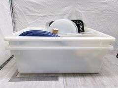 PLASTIC TOTE W/ MISC. KITCHEN ITEMS
