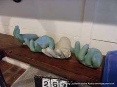 CONTENTS OF SHELVES: TUPPERWARE LIDS, GULF WAX, STICKERS, HAND DÉCOR, GLASS JARS, HEAT BATH