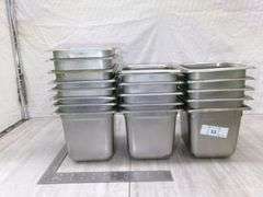 STACK OF STAINLESS STEEL SMALL FOOD PANS, 19 QTY