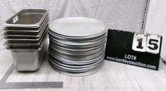 6-STAINLESS STEEL FOOD PANS, STACK OF 42 PIZZA PANS