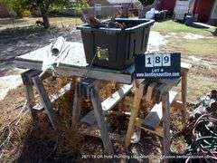LOT (3): WOOD SAWHORSES, POLY TOTE OF WOOD, PALLET