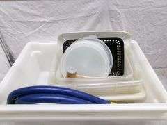 PLASTIC TOTE W/ MISC. KITCHEN ITEMS