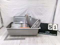 STAINLESS STEEL PAN W/ ASSORTED KITCHEN ITEMS