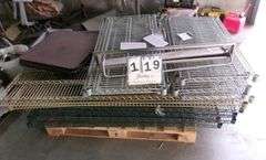 PALLET: SHELVES, 4 TABLE TOPS, MISC. ITEMS