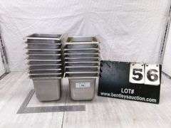 STACK OF SMALL STAINLESS STEEL PANS, 17 QTY