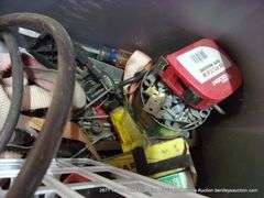 PLASTIC TUB: MISC TOOLS, WATER SUPPLY, STRAPS, ETC