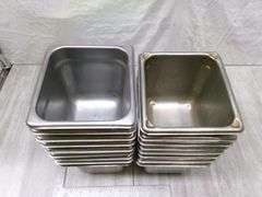 STACK OF SMALL STAINLESS STEEL PANS, 17 QTY