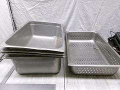 5-STAINLESS STEEL FOOD PANS, ROUND STAINLESS STEEL PAN, 3-VERIFONE P400 W/ WIRES
