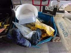 PLASTIC CONTAINER: MISC TOOLS, HOSE, RAIN COAT, MOTOR, ETC