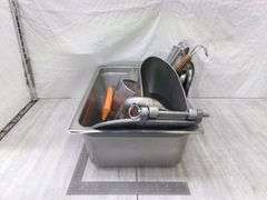 STAINLESS STEEL PAN W/ ASSORTED KITCHEN ITEMS