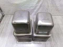 STACK OF SMALL STAINLESS STEEL PANS, 17 QTY